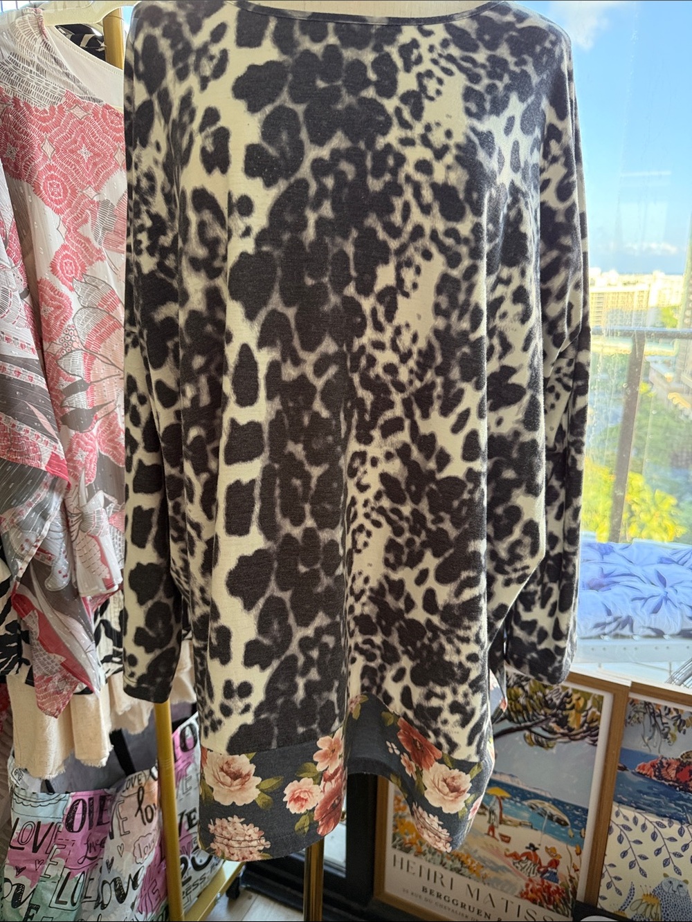 Southern Stitch Black and Cream Leopard Print Tunic with Floral Hem